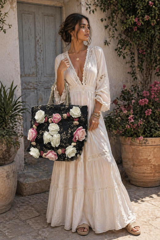 Black Rosas model straw basket bag