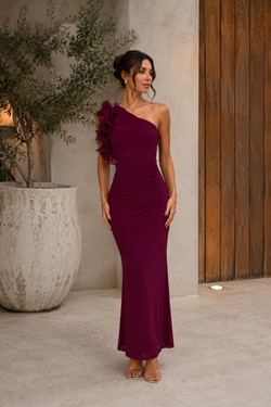 Asymmetrical dress, Brunette model, burgundy