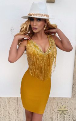 Vestido bandage con pedrería modelo Mostaza