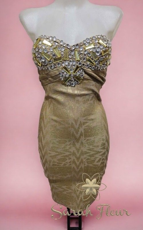 Vestido bandage dorado de pedrería modelo Golden