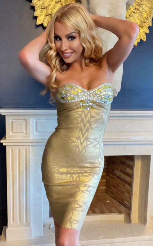 Vestido bandage dorado de pedrería modelo Golden