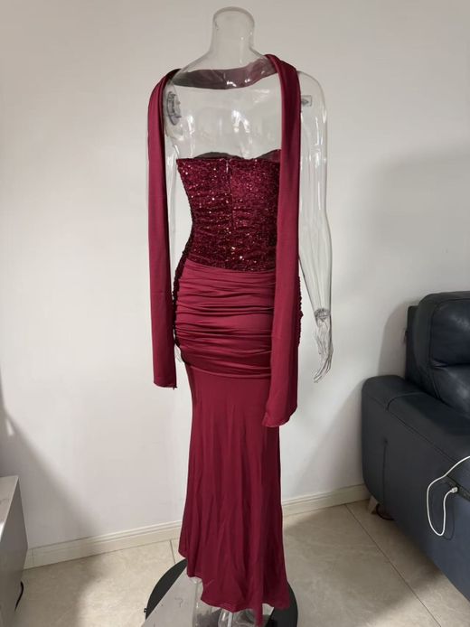 Burgundy Drapeado Model Sequin Dress