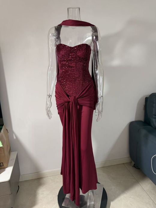 Burgundy Drapeado Model Sequin Dress