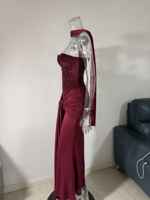 Burgundy Drapeado Model Sequin Dress