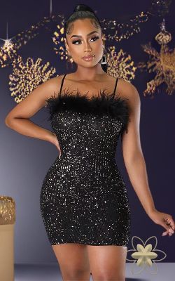 Vestido de lentejuelas y plumas negro modelo Yasmin