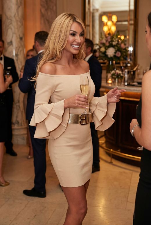 Beige ruffles model dress